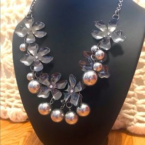 Vintage Style Necklace with Flowers and Silver Tone Balls, and Adjustable Length